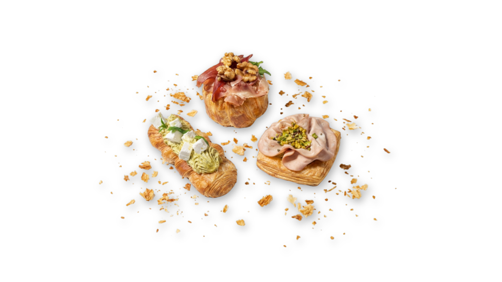 Viennoiserie salata con prosciutto, robiola e pistacchio